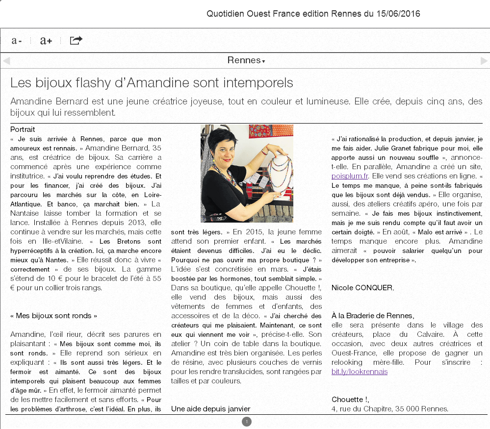 Ouest France presse boutique de créateurs Chouette à Rennes